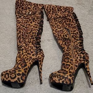 Leopard print over the knee boot